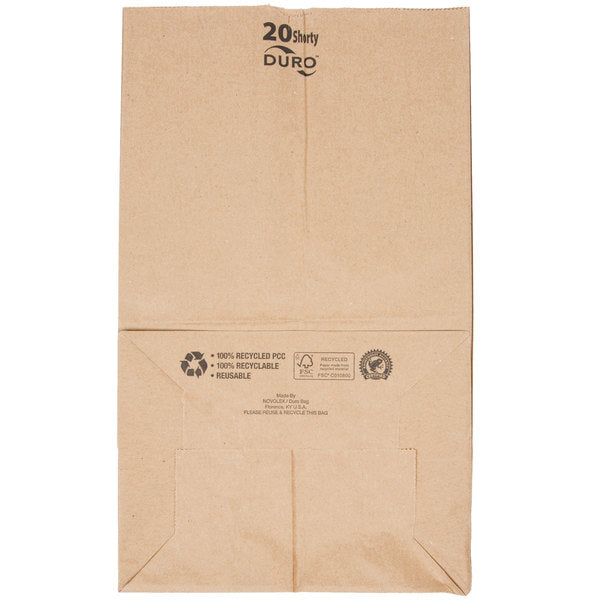 These Duro Bag® 8.25in x 5.93in x 13.62in Dubl Life® 40# 20lb Shorty SOS Brown Paper Bags with gusseted flat bottom and thumb notch are reusable, recyclable, BPI® and FSC® certified. Sold 500 per bundle.