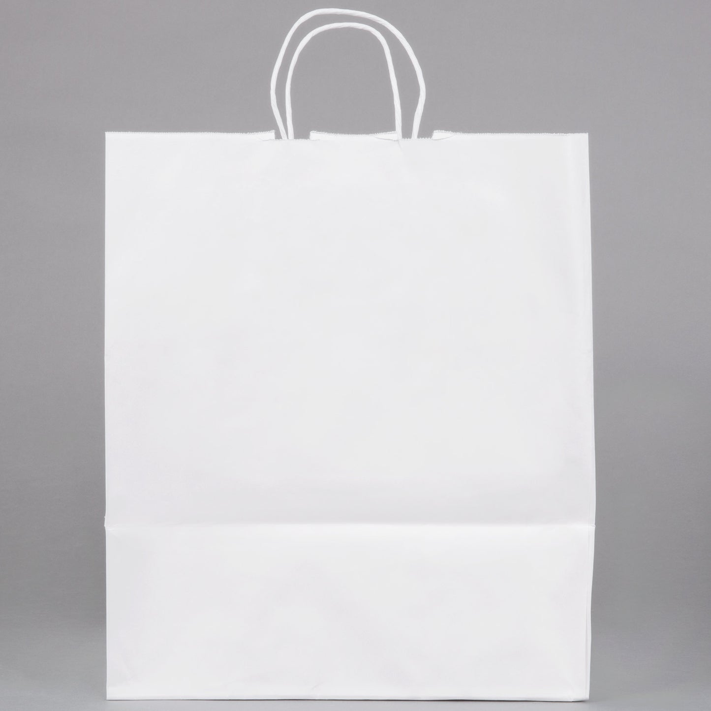 These Eco-friendly 14in x 10in x 15in Duro Bag® 70# White Super Royal Paper Shopping Bags with gusseted flat bottom and paper twist handles are sold 200 per bundle.