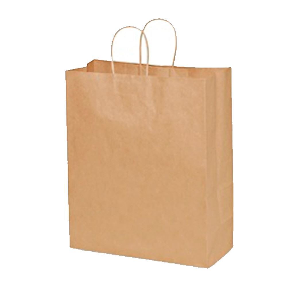 These popular 13in x 6in x 15.75in Duro Bag® 60# Kraft Traveler Paper Shopping Bags with gusseted flat bottom and paper twist handles are BPI® compostable and FSC® certified. Sold 250 per bundle.