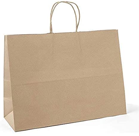 These extra wide 16in x 6in x 12in Dubl Life® 65# Kraft Tote Paper Bags with gusseted flat bottom and paper twist handles are BPI® and FSC® certified. Sold 250 per bundle.