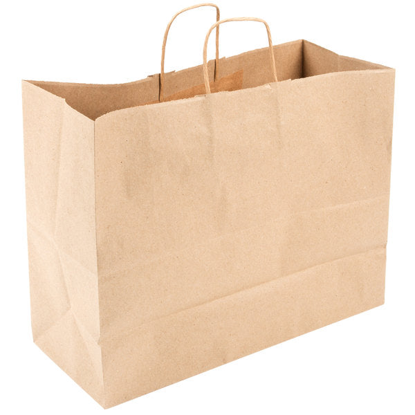These extra wide 16in x 6in x 12in Dubl Life® 65# Kraft Tote Paper Bags with gusseted flat bottom and paper twist handles are BPI® and FSC® certified. Sold 250 per bundle.