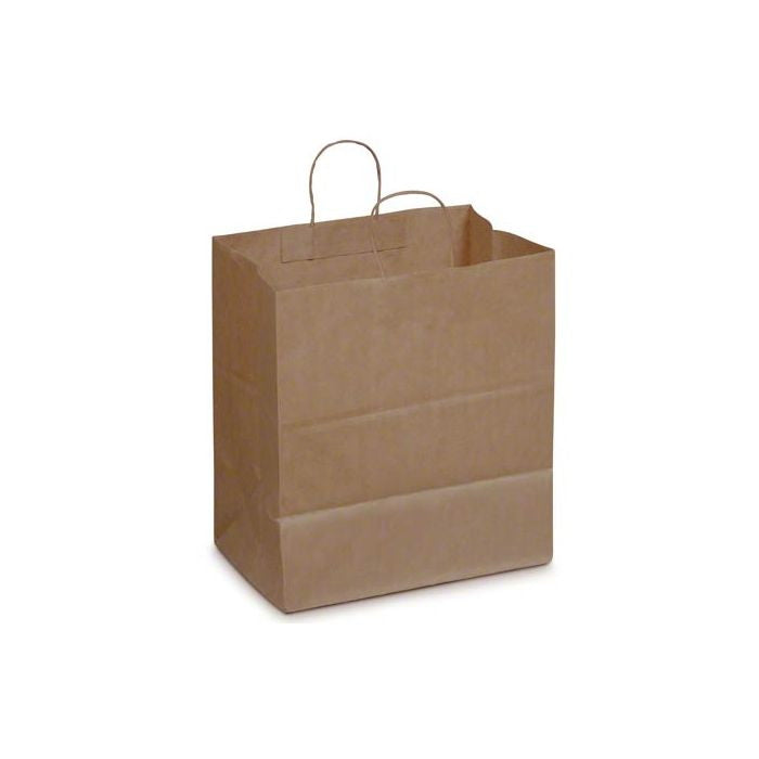 These popular 14in x 10in x 15.75in Duro Bag® Dubl Life® 70# Brown Super Royal Paper Bags with gusseted flat bottom and paper twist handles are BPI® and FSC® certified. Sold 200 per bundle.