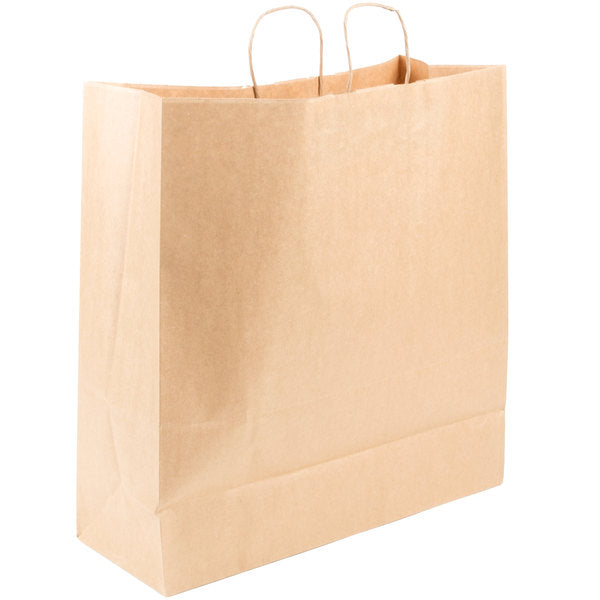 These popular 18in x 7in x 18.75in Duro Bag® Dubl Life® 70# Brown Cargo Paper Bags with gusseted flat bottom and paper twist handles are BPI® compostable and FSC® certified. Sold 250 per bundle.