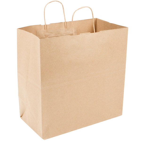 hese popular 13in x 7in x 13in Dubl Life® 65#  Kraft Jr. Mart Brown Paper Bags with gusseted flat bottom and paper twist handles are BPI® compostable certified and FSC® certified. Sold 250 per bundle.