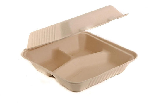 Reduce landfill with these compostable 3-compartment 8-in x 8-in x 3-in Bagasse Hinged Clamshell Food Containers constructed with reclaimed sugarcane.