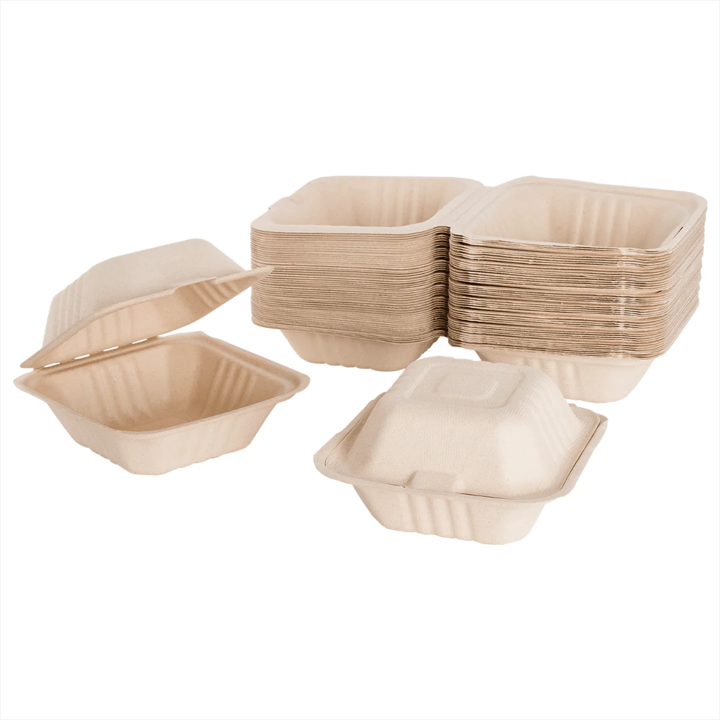 Reduce landfill with these compostable 1-compartment 6-in x 6-in x 3-in Bagasse Hinged Clam Shell Food Containers constructed with reclaimed sugarcane.