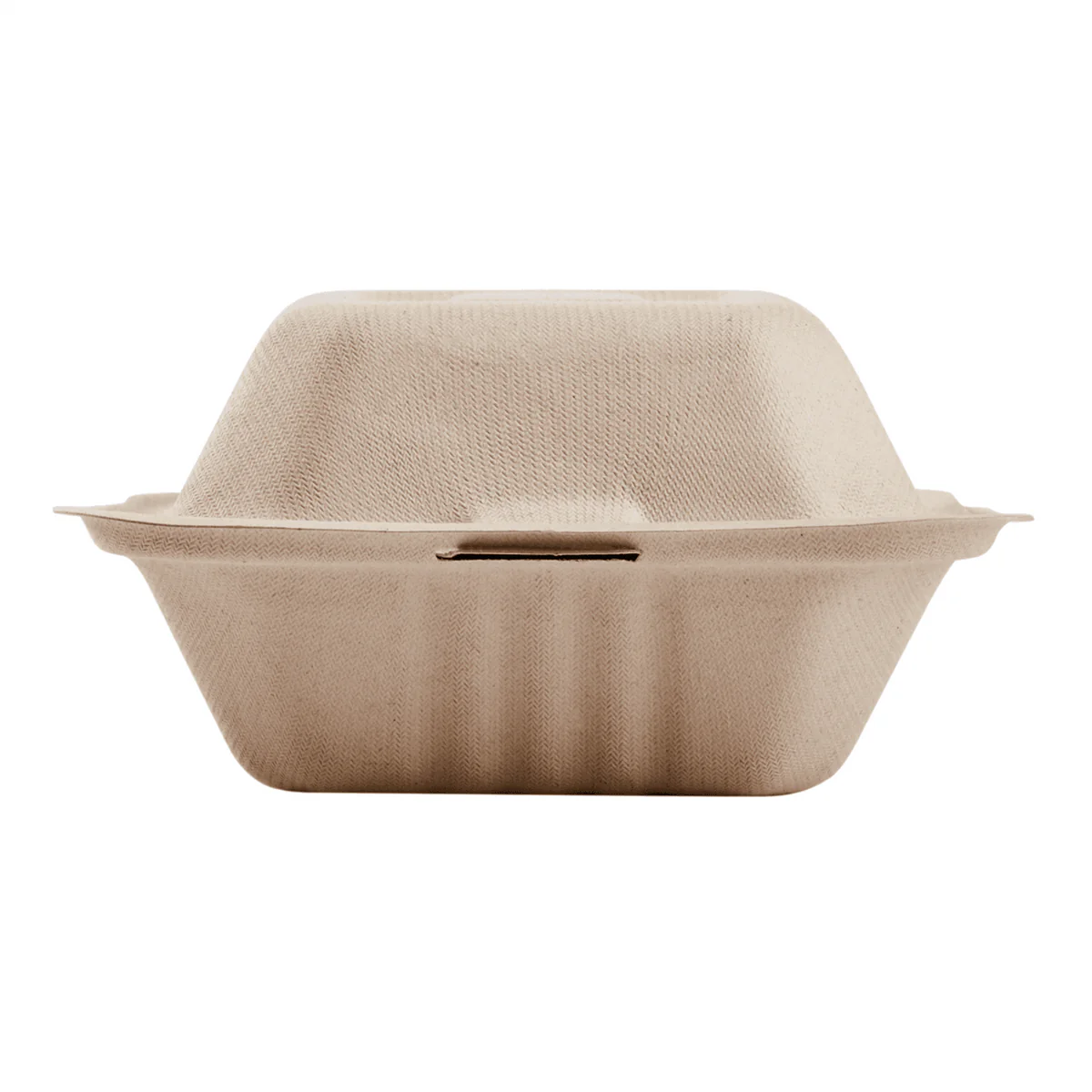 Reduce landfill with these compostable 1-compartment 6-in x 6-in x 3-in Bagasse Hinged Clam Shell Food Containers constructed with reclaimed sugarcane.