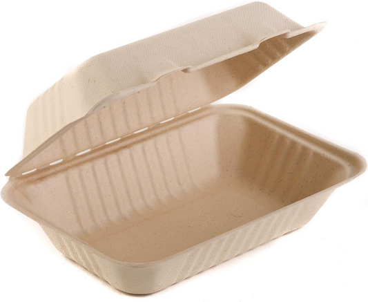 Reduce landfill with these compostable 3-compartment 9-in x 6-in x 3-in Bagasse Hinged Clamshell Food Containers constructed with reclaimed sugarcane.