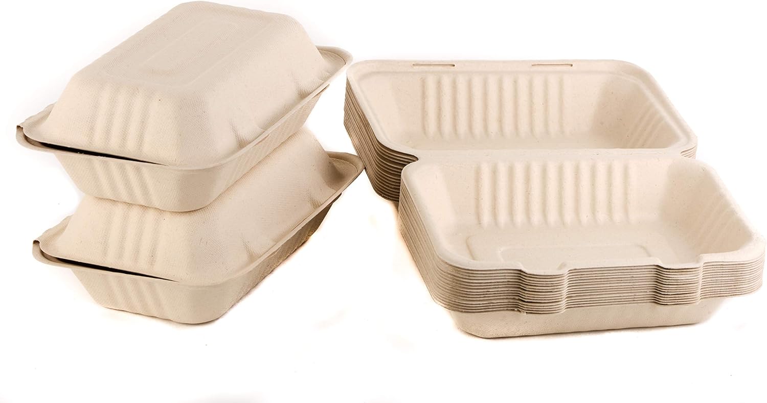 Reduce landfill with these compostable 3-compartment 9-in x 6-in x 3-in Bagasse Hinged Clamshell Food Containers constructed with reclaimed sugarcane.