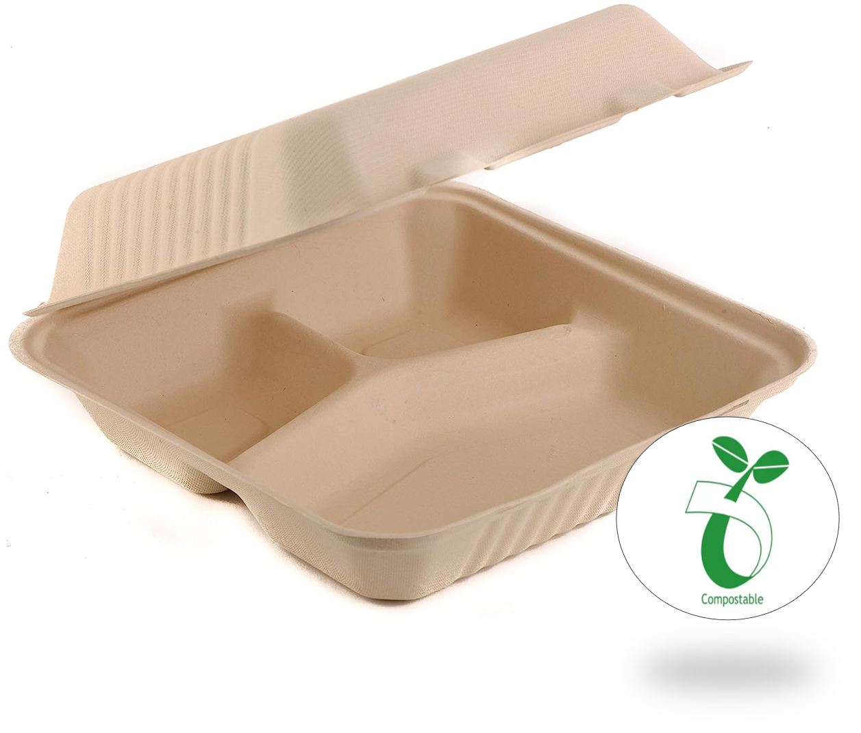 Reduce landfill with these compostable 3-compartment 9-in 9-in x 3-in Bagasse Hinged Clamshell Food Containers constructed with reclaimed sugarcane.