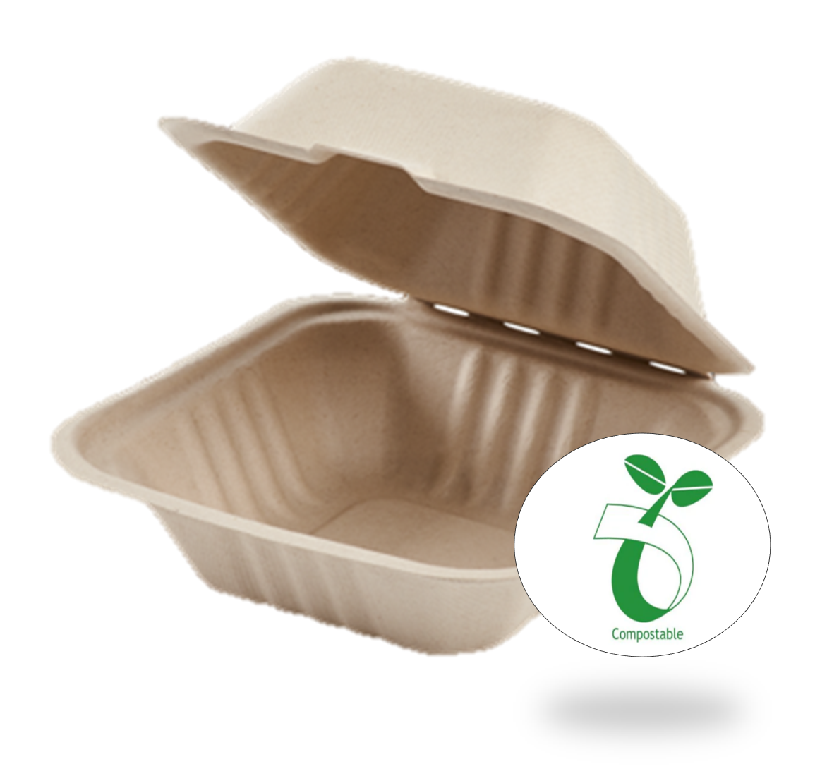 Reduce landfill with these compostable 1-compartment 6-in x 6-in x 3-in Bagasse Hinged Clamshell Food Containers constructed with reclaimed sugarcane.