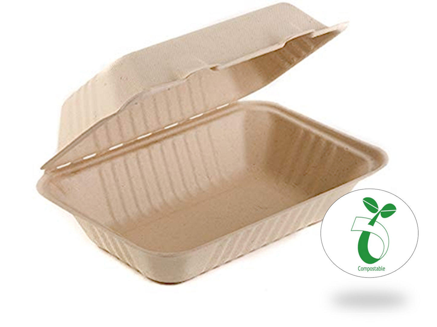 Reduce landfill with these compostable 3-compartment 9-in x 6-in x 3-in Bagasse Hinged Clamshell Food Containers constructed with reclaimed sugarcane.