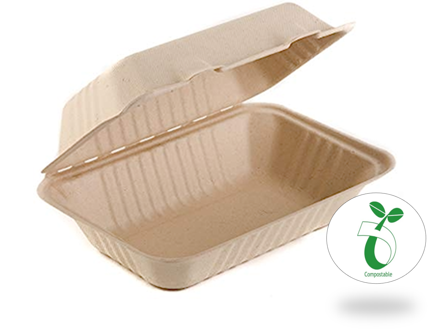 Reduce landfill with these compostable 3-compartment 9-in x 6-in x 3-in Bagasse Hinged Clamshell Food Containers constructed with reclaimed sugarcane.