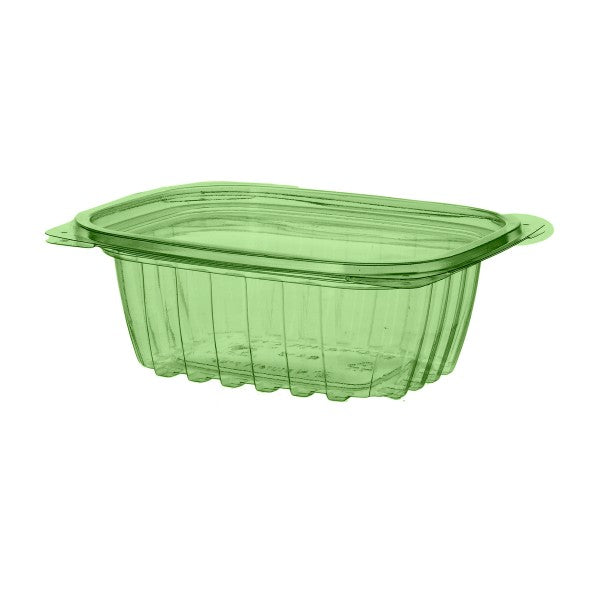 12oz two-piece deli container (base and lid) from the Veridian range. A clear two-piece base and lid for grab-and-go salads, cut fruit and deli sides, with a green tint for easy compost identification.