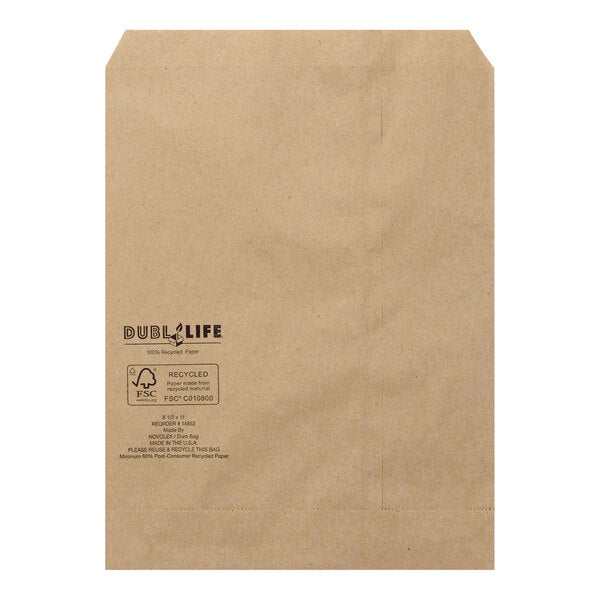 Ideal for newsprint, calendars, magazines, gift cards and more, these 15in x 18in Duro Bag® Dubl Life® 30# Kraft Paper Merchandise Bags are BPI® compostable and FSC® certified. Sold 500 per case.
