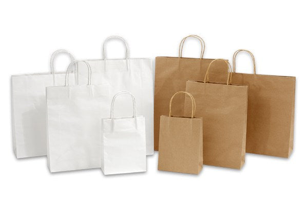 Available in Kraft or white, Duro Bag® Paper Shopping Bags with paper twist handles are durable, biodegradable, reusable and 100% recyclable.