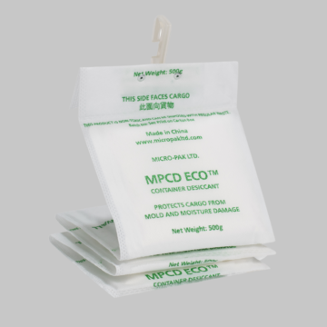 Micro-Pak® Eco-friendly MPCD ECO® sustainable cargo container desiccants aggressively removes moisture from the air inside cargo shipping containers absorbing up to 300% of its own weight at 90% relative humidity