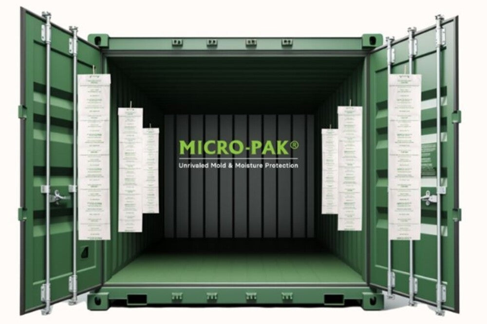 Hang Micro-Pak® Eco-friendly MPCD ECO® sustainable cargo container desiccants inside container to aggressively remove moisture from the air inside cargo shipping containers absorbing up to 300% of its own weight at 90% relative humidity
