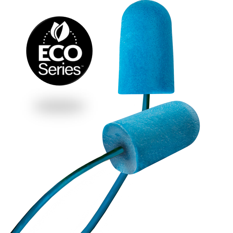 The blue color, metal detectable Food Pro Bullet™ BioSoft™ BSF-D disposable ear plug foam material provides the same fit and performance as conventional polyurethane or PVC materials, but with a lower carbon footprint. This innovative technology not only reduces emissions during manufacturing, but it contains bio-based materials making BioSoft™ more environmentally friendly at end of use