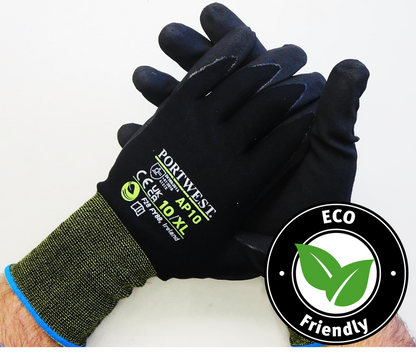 Portwest® Planet Eco-friendly AP10-NPR15 Foam Nitrile Coated Work Gloves are constructed with an antimicrobial glove shell featuring sustainable bamboo fiber that's highly absorbent! 