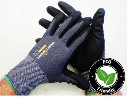 Portwest® Planet AP12-NPR15 Micro Foam Nitrile Coated Work Gloves are constructed with a 15-gauge seamless liner made from recycled P.E.T. water bottles has moisture managing properties. These touchscreen compatible cut level A1 gloves are breathable and produces a low carbon footprint.
