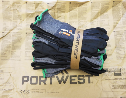 Portwest® Planet AP12-NPR15 Micro Foam Nitrile Coated Work Gloves are packaged in sustainable paper wrapping 