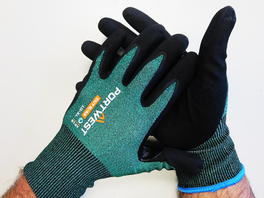 Portwest® Planet AP15  Micro Foam Nitrile Coated 18-gauge Cut Level A2 Work Gloves with Touchscreen Function are constructed from recycled P.E.T. These touchscreen compatible cut level gloves are breathable and produces a low carbon footprint.