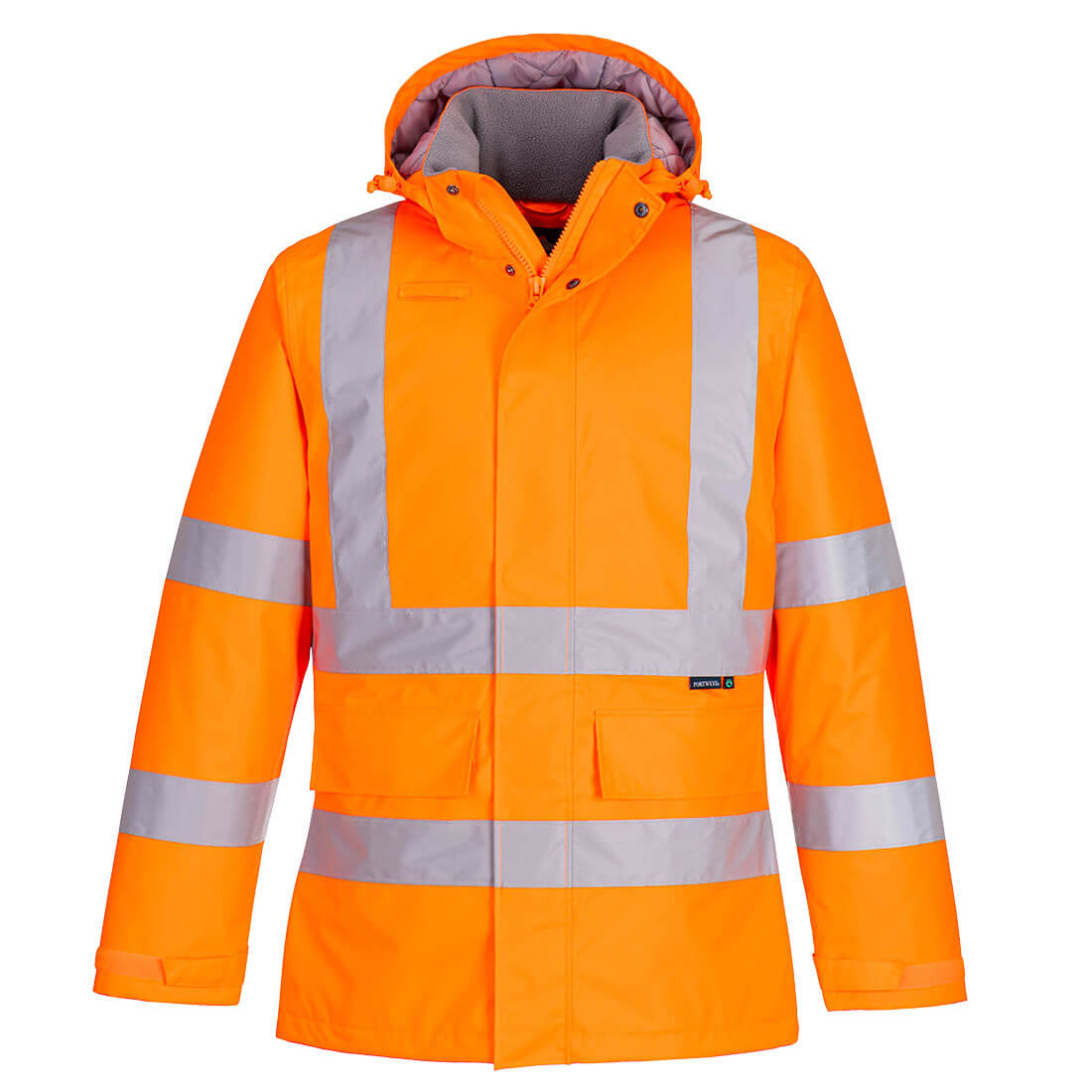 Portwest® Planet EC60 ECO Hi-Vis orange Winter Jackets are made with environmentally friendly recycled polyester and features reflective tape, detachable lined hood, mic tabs, drawcord, internal pocket and water resistant fabric finish.