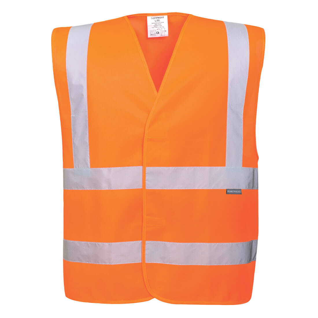 Portwest® Planet EC76 ECO Hi-Viz Orange Safety Vests with reflective tape are made with recycled polyester and P.E.T. fibers certified to ANSI/ISEA 107 after 50x washes.