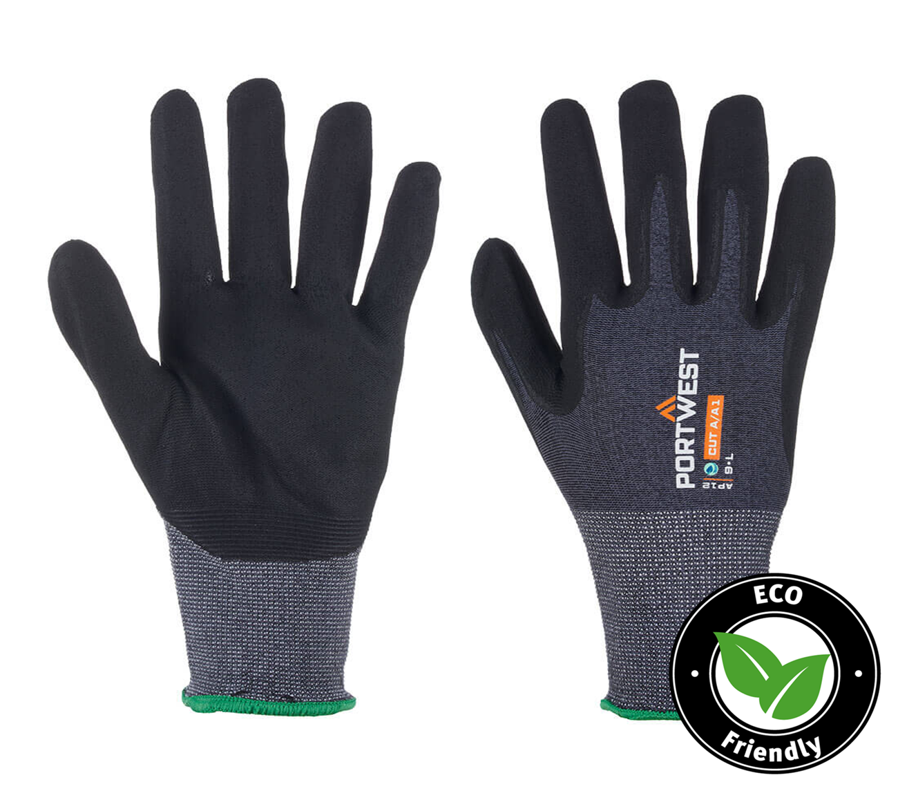 Portwest® Planet AP12-NPR15 Micro Foam Nitrile Coated Work Gloves are constructed with a 15-gauge seamless liner made from recycled P.E.T. water bottles has moisture managing properties. These touchscreen compatible cut level A1 gloves are breathable and produces a low carbon footprint.