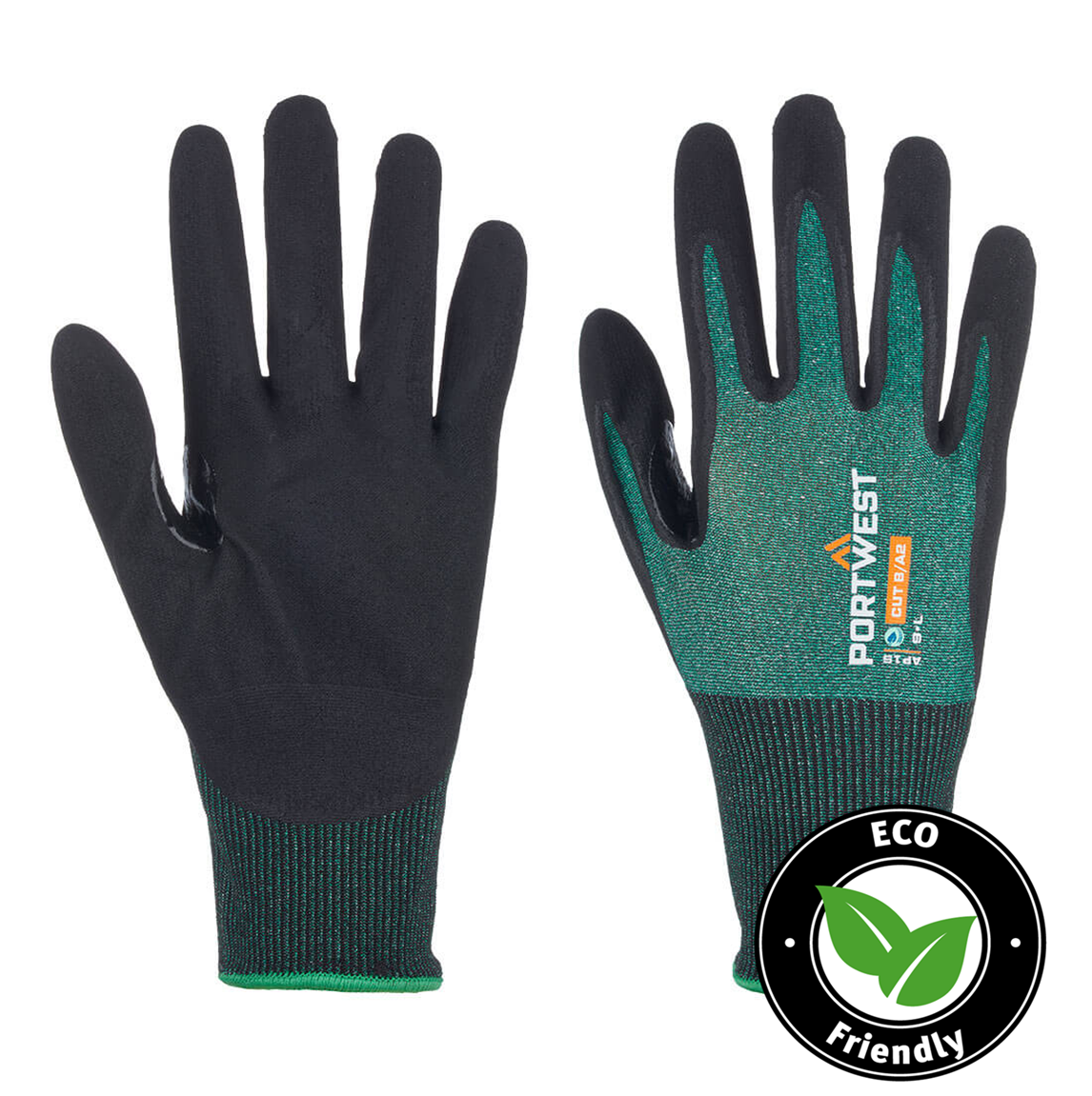 Portwest® Planet AP15  Micro Foam Nitrile Coated 18-gauge Cut Level A2 Work Gloves with Touchscreen Function are constructed from recycled P.E.T. These touchscreen compatible cut level gloves are breathable and produces a low carbon footprint.