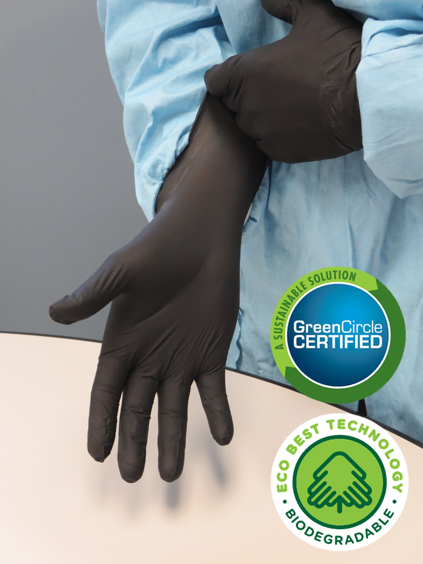 These GreenCircle® Certified Showa® 9700PF Single-Use Powder-Free Latex-Free 6-mil Black Nitrile Gloves with EBT (Eco-Best Technology®) and 11-inch extended cuff