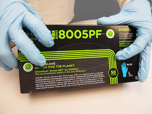 These Showa® 8005PF Single-Use Latex-Free Blue 8-mil Nitrile Examination Gloves with EBT (Eco-Best Technology®) achieve 82% biodegradation in 386 days.