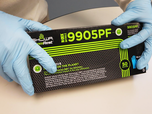 SHOWA® 9905PF Nitrile Gloves, 6-mil 11-in  with EBT (Eco-Best Technology®) accelerated biodegradation decomposes 82% in 386 days.