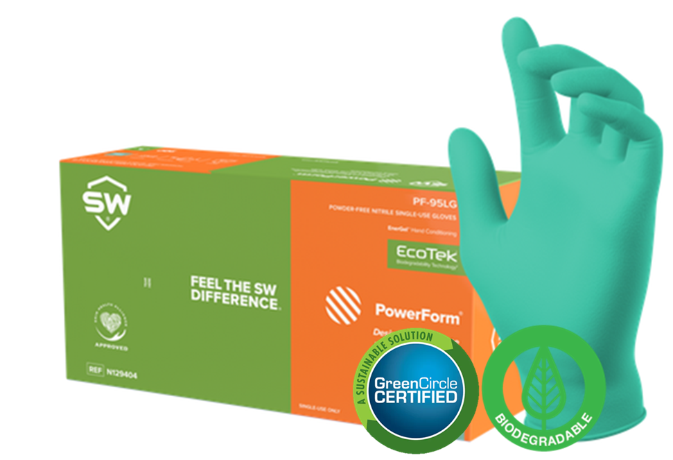 SW® Sustainability Solutions PF-95LG PowerForm® 5.9-mil Green Powder-Free Latex-Free Nitrile Exam Gloves feature GreenCircle Certified EcoTek® biodegradable technology for accelerated breakdown in landfills without any loss in performance plus patented EnerGel® Aloe Vera moisturizing technology for healthier hands.