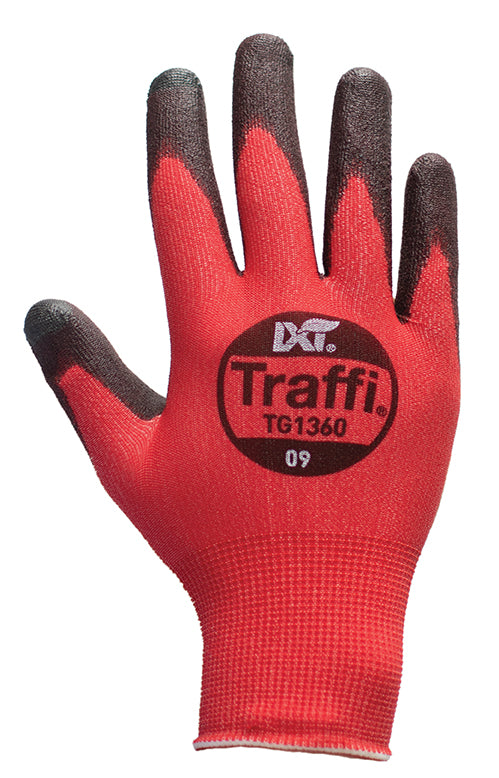 This Eco-friendly Traffi® TG1360 X-Dura LXT® Ultrafine Polyurethane Coated Red 18-Gauge Cut Level A1 Safety Gloves are Carbon Neutral Certified, repels water and oil while providing touchscreen compatibility.