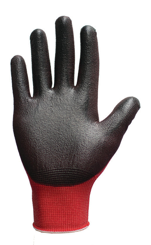 This Eco-friendly Traffi® TG1360 X-Dura LXT® Ultrafine Polyurethane Coated Red 18-Gauge Cut Level A1 Safety Gloves are Carbon Neutral Certified, repels water and oil while providing touchscreen compatibility.