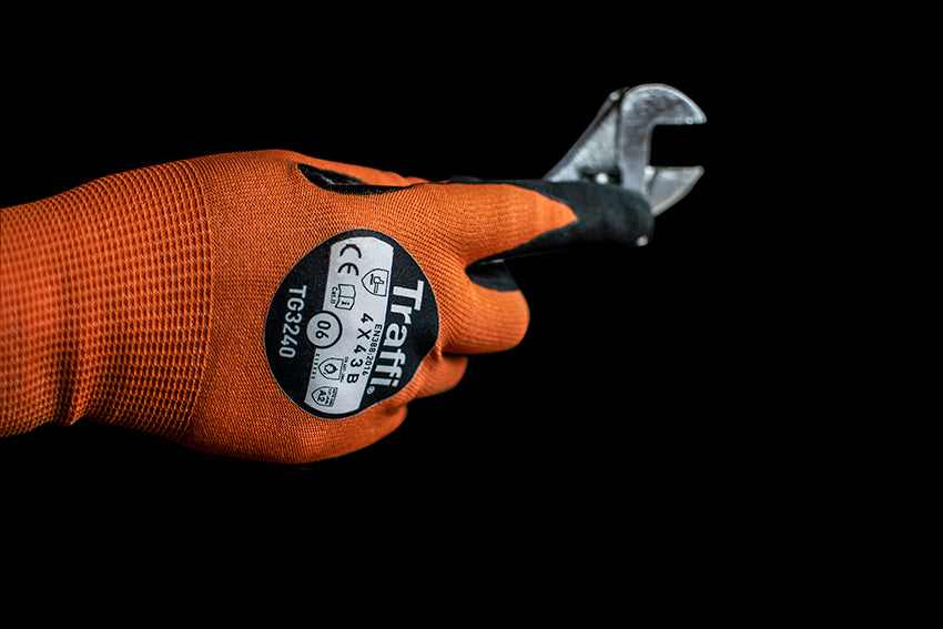 This Eco-friendly Traffi® TG3240 MicroDex LXT® Nitrile Coated Orange 15-gauge Cut Level A2 Safety Gloves are Carbon Neutral Certified, repels water and oil while providing hot contact resistance.