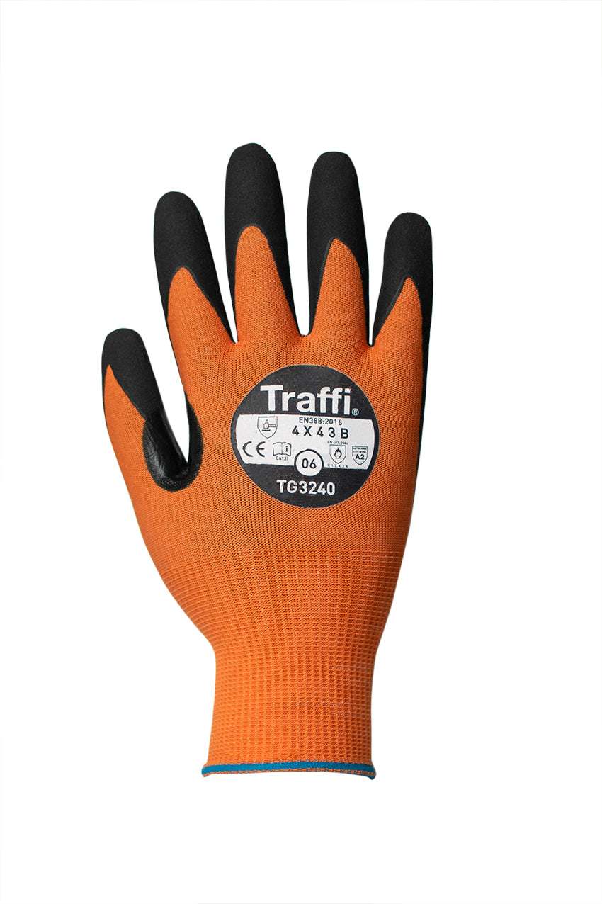 This Eco-friendly Traffi® TG3240 MicroDex LXT® Nitrile Coated Orange 15-gauge Cut Level A2 Safety Gloves are Carbon Neutral Certified, repels water and oil while providing hot contact resistance.