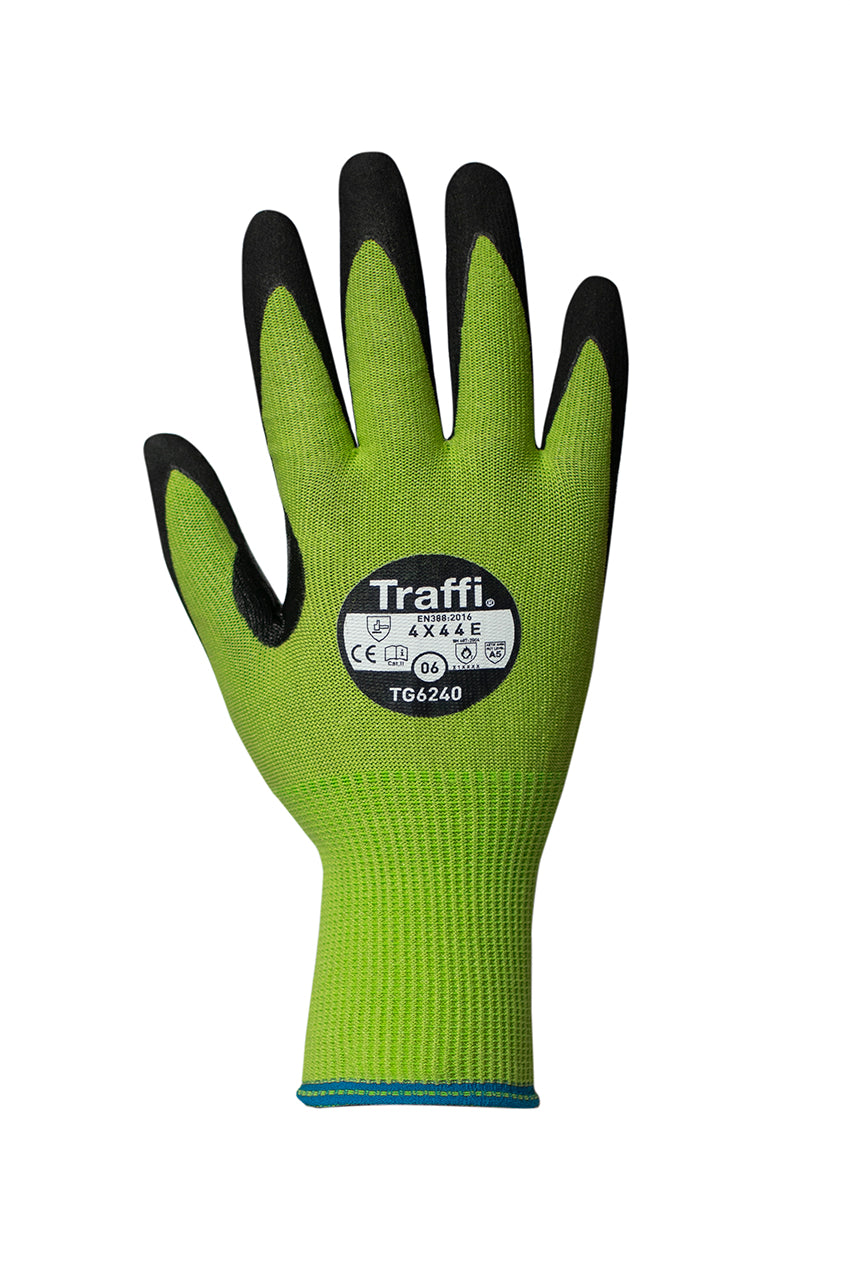 This Eco-friendly Traffi® TG6240 MicroDex LXT® Nitrile Coated Green 15-gauge Cut Level A5 Safety Gloves are Carbon Neutral Certified, repels water and oil with touchscreen compatibility.
