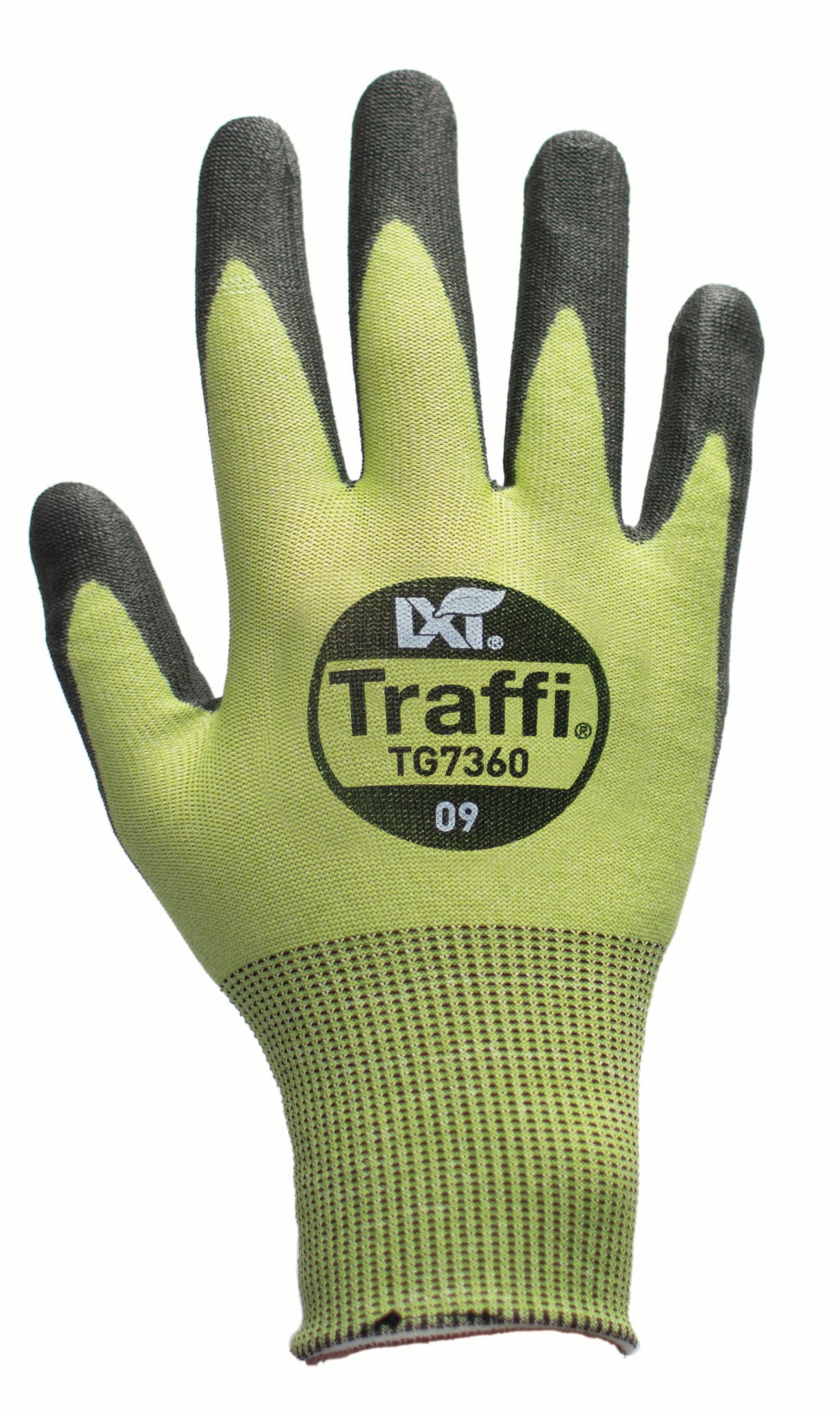 This Eco-friendly Traffi®TG7360 X-Dura LXT® Ultrafine Polyurethane Coated Green 18-gauge Cut Level A6 Safety Gloves are Carbon Neutral Certified, repels water and oil while providing touchscreen compatibility.