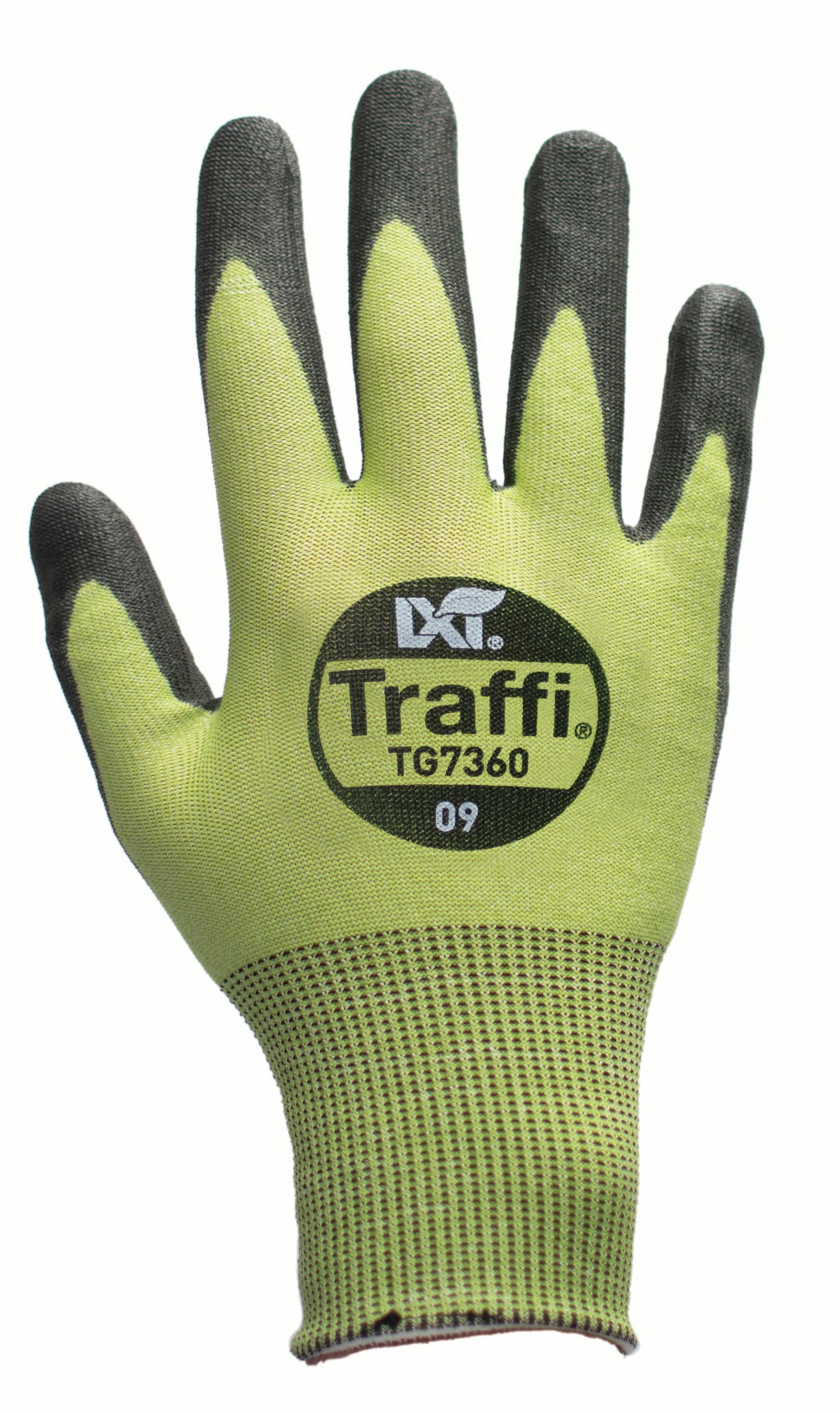 This Eco-friendly Traffi®TG7360 X-Dura LXT® Ultrafine Polyurethane Coated Green 18-gauge Cut Level A6 Safety Gloves are Carbon Neutral Certified, repels water and oil while providing touchscreen compatibility.