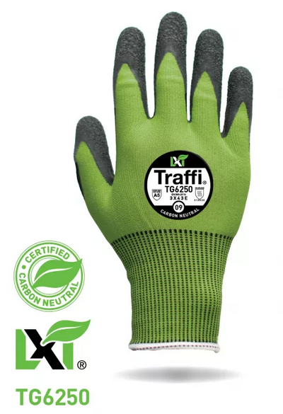 This Eco-friendly Traffi® TG6250 X-Dura LXT® latex coated Green 15-gauge cut level A5 work gloves are Carbon Neutral certified, repels water and oil with touchscreen compatibility.