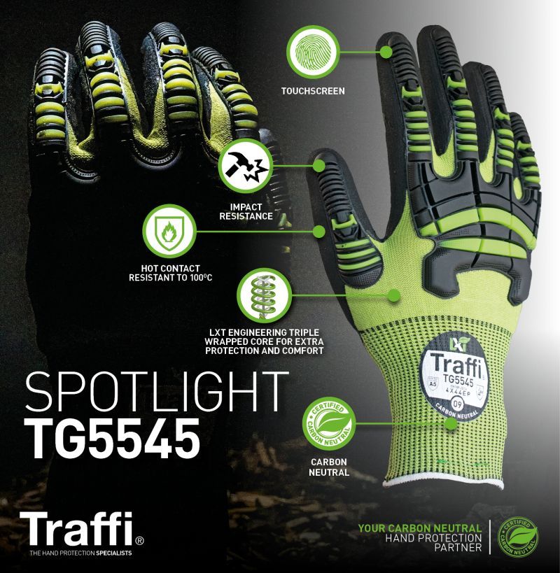 The Eco-friendly carbon neutral certified Traffi® TG5545 is serious hand protection against knocks, bangs, bumps and lacerations. This tactile 15-gauge industrial work safety glove has a high tenacity green cut level A5 seamless knit blended liner and a palm dipped in Micro-Dex Ultra nitrile coating