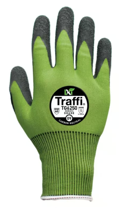 This Eco-friendly Traffi® TG6250 X-Dura LXT® latex  coated Green 15-gauge cut level A5 work gloves are Carbon Neutral certified, repels water and oil with touchscreen compatibility.