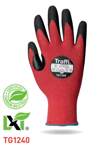 Traffi® TG1240 MicroDex LXT® Nitrile Coated Cut Level A1 Red 15-gauge Safety Gloves are Carbon Neutral Certified, repels water and oil while providing hot contact resistance up to 212°F/100°C.