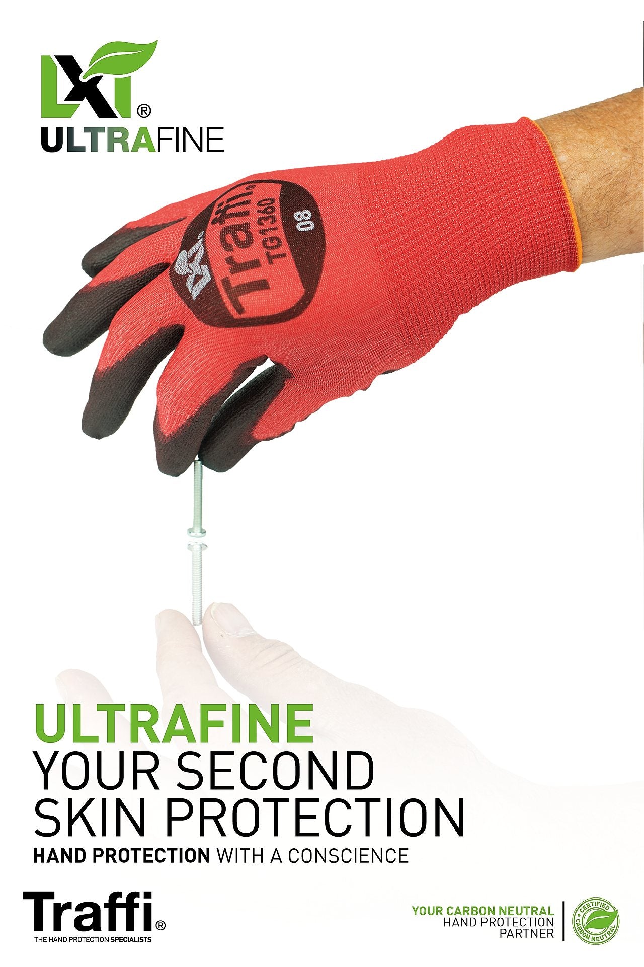 This Eco-friendly Traffi® TG1360 X-Dura LXT® Ultrafine Polyurethane Coated Red 18-Gauge Cut Level A1 Safety Gloves are Carbon Neutral Certified, repels water and oil while providing touchscreen compatibility.