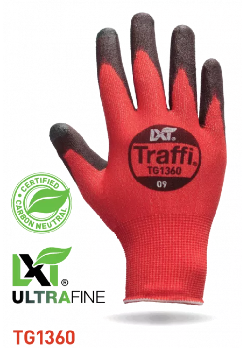 This Eco-friendly Traffi® TG1360 X-Dura LXT® Ultrafine Polyurethane Coated Red 18-Gauge Cut Level A1 Safety Gloves are Carbon Neutral Certified, repels water and oil while providing touchscreen compatibility.