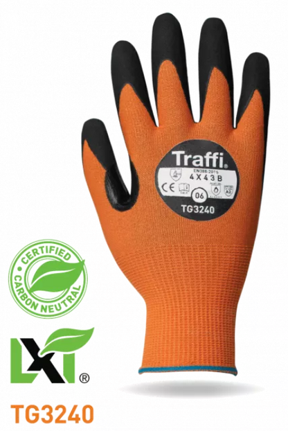 This Eco-friendly Traffi® TG3240 MicroDex LXT® Nitrile Coated Orange 15-gauge Cut Level A2 Safety Gloves are Carbon Neutral Certified, repels water and oil while providing hot contact resistance.