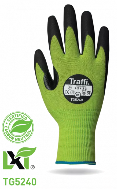 This Eco-friendly Traffi® TG5240 MicroDex LXT® Nitrile Coated Green 15-gauge Cut Level A3 Safety Gloves are Carbon Neutral Certified, repels water and oil while providing hot contact resistance.